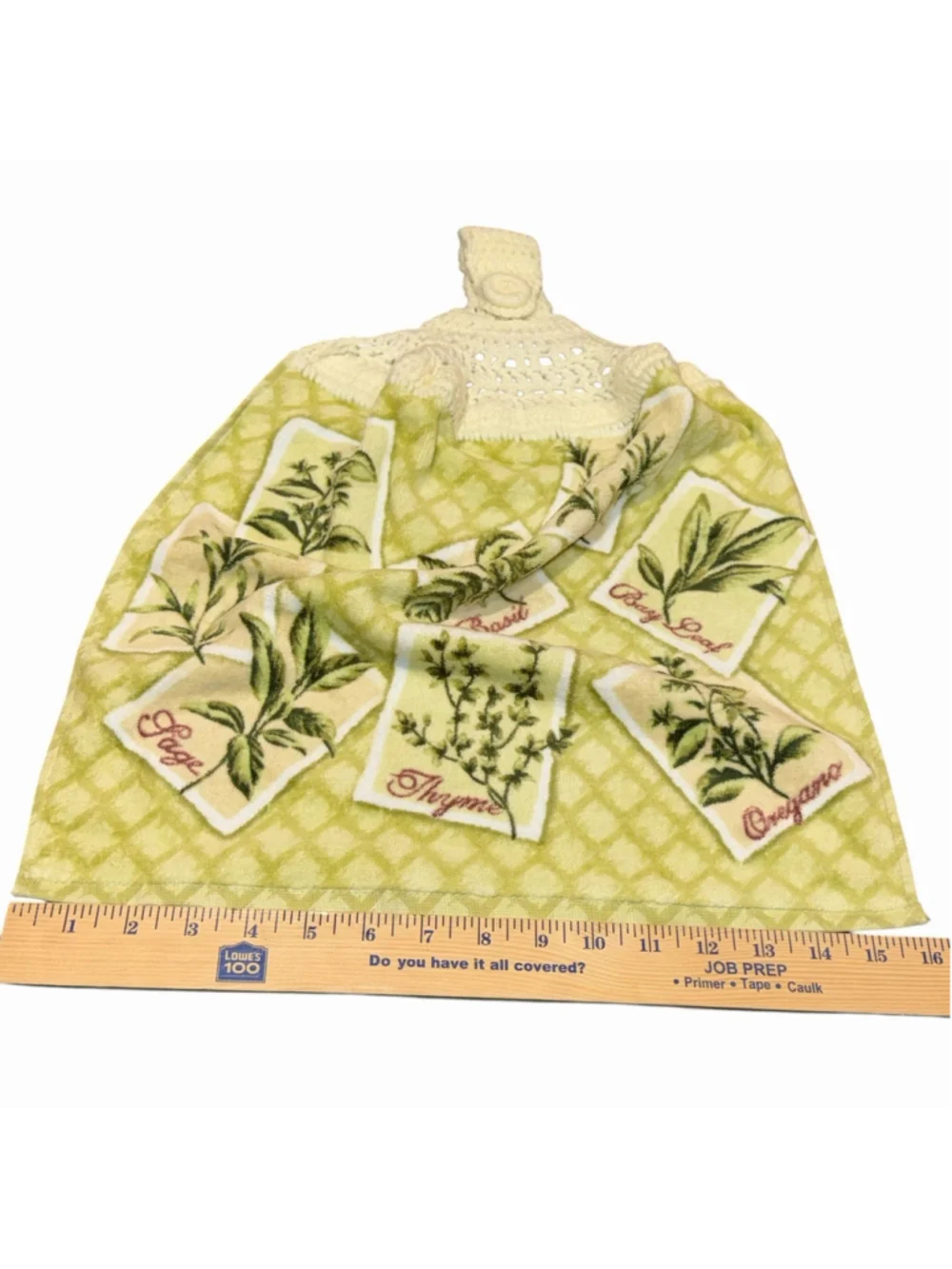 Crochet Top Hanging Kitchen Towel Herbs Sage Thyme Basil Oregano Cream Green